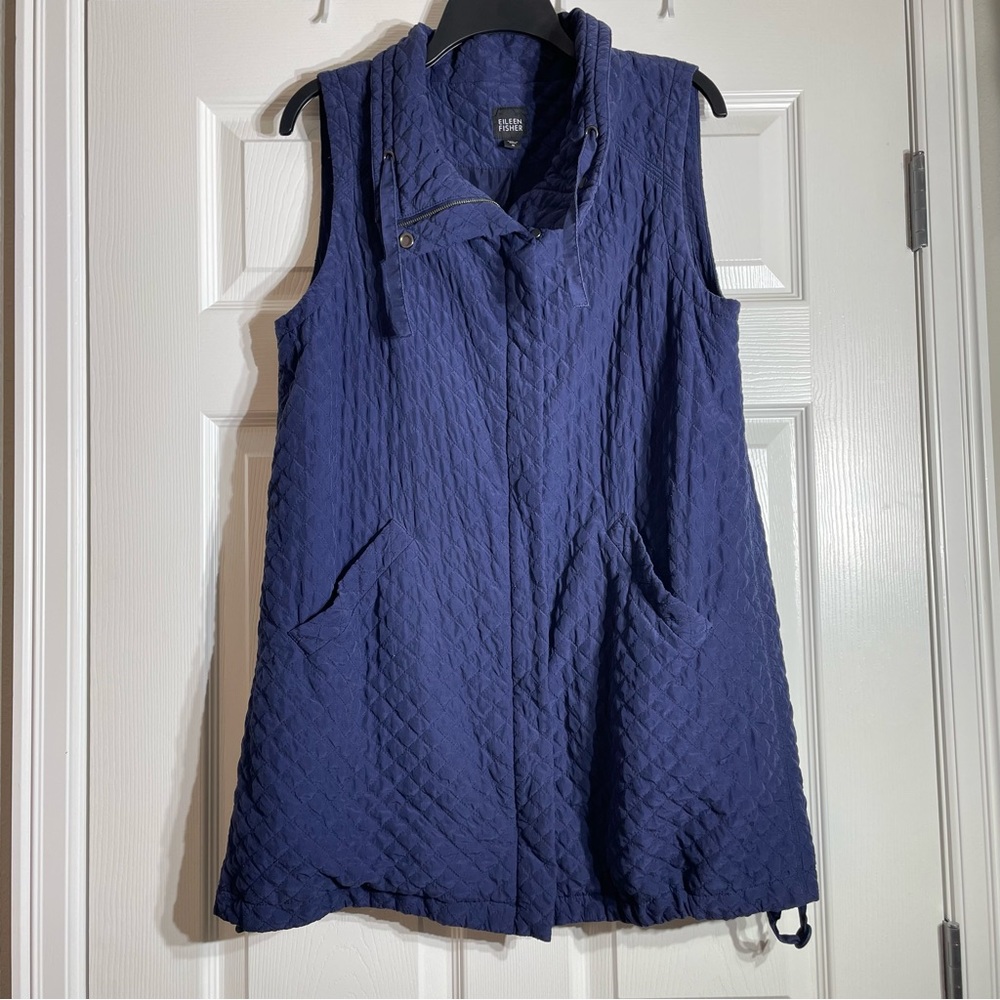 Eileen Fisher Quilted Silk Vest, Full Zip, Navy Blue, M